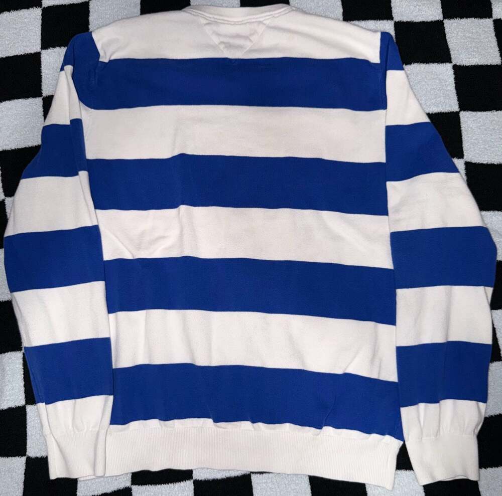 Tommy Hilfiger Men's Blue and White Rugby Striped Crew-Neck Pullover Sweater - Picture 2 of 5